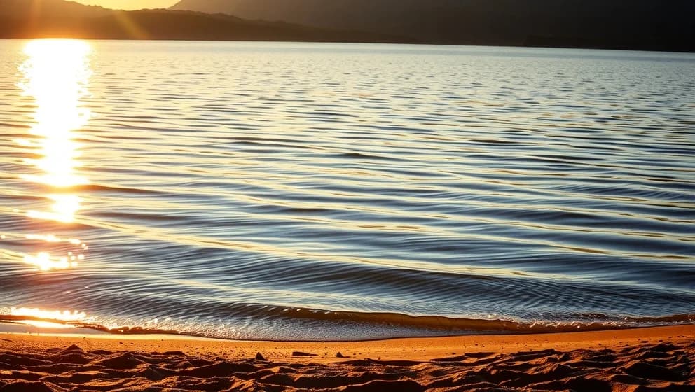 Gläns över sjö och strand